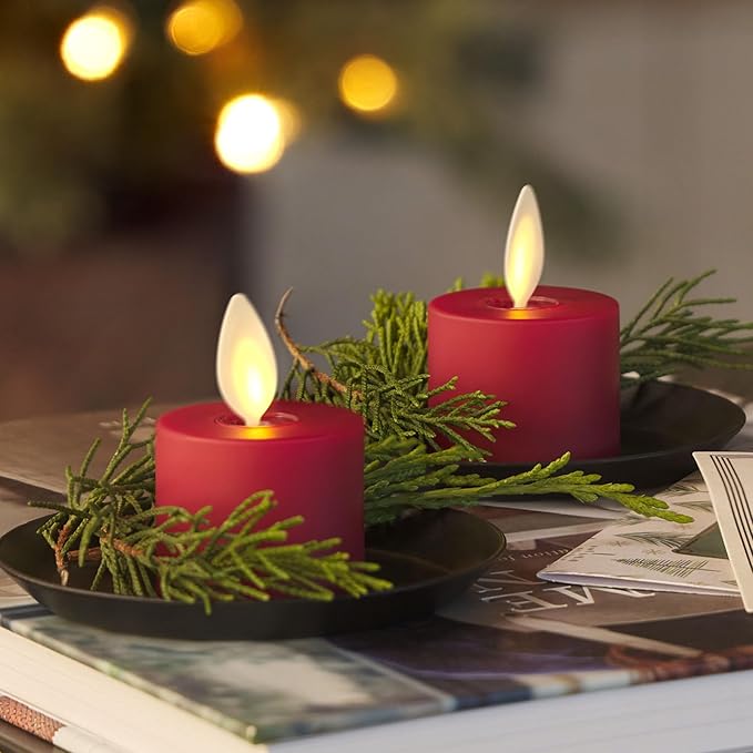 Luminara Moving Flame LED Flameless Tealight (1.4" x 2") Remote Ready Battery Operated Plastic LED Flameless Tea Light - Smooth Matte - Pearl Ivory (2-Pack Burgundy)