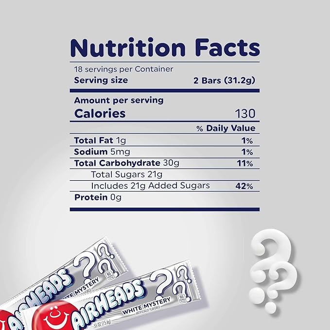 Airheads Full-Size Candy Bars, Taffy Candy Bulk Pack, Individually Wrapped, White Mystery Fruit Flavor Artificially Flavored, 36 Count Box