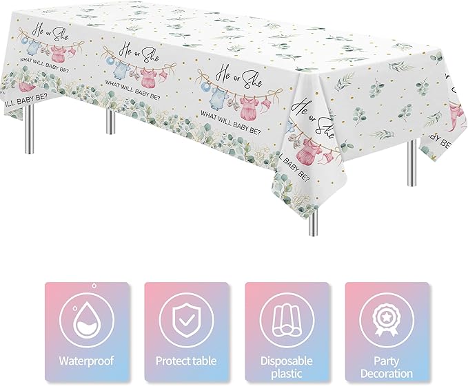 APOWBLS Gender Reveal Decorations Tablecloth, 3 Pack Disposable Greenery Baby Clothes Theme Boy or Girl Gender Reveal Baby Shower Party Supplies Table Cover, 55in x 86in