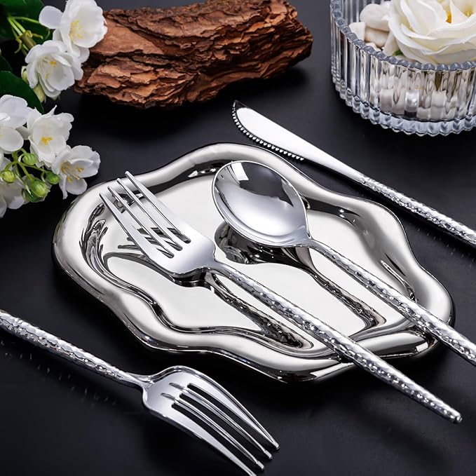 SUT 300PCS Silver Plastic Silverware, Utensils Plastic Disposable, Utensils Set Includes 100 Knives, Forks and Spoons, plastic cutlery, Disposable Silverware for Party, Hammered Silverware Set