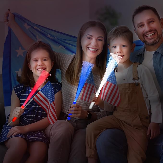 48 PCS Red Blue White Glow Fiber Wands Sticks LED Light Wands 3 Modes Flashing Fiber Optic Light Rod Bulk Fiber Optic Wands for July 4th Party Supplies