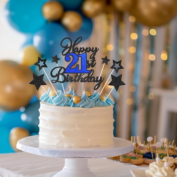 Happy 21st Birthday Cake Toppers, Black Blue Glitter Cake Decorations Set, 21st Birthday Decor, Birthday Anniversary Party Decorations Supplies