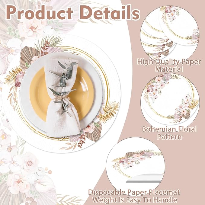 50 Pack Paper Placemats Disposable Boho Floral Leaves Place Mats 13.7 Inch Bohemian Round Table Mats for Birthday Spring Wedding Bridal Baby Shower Party Supplies