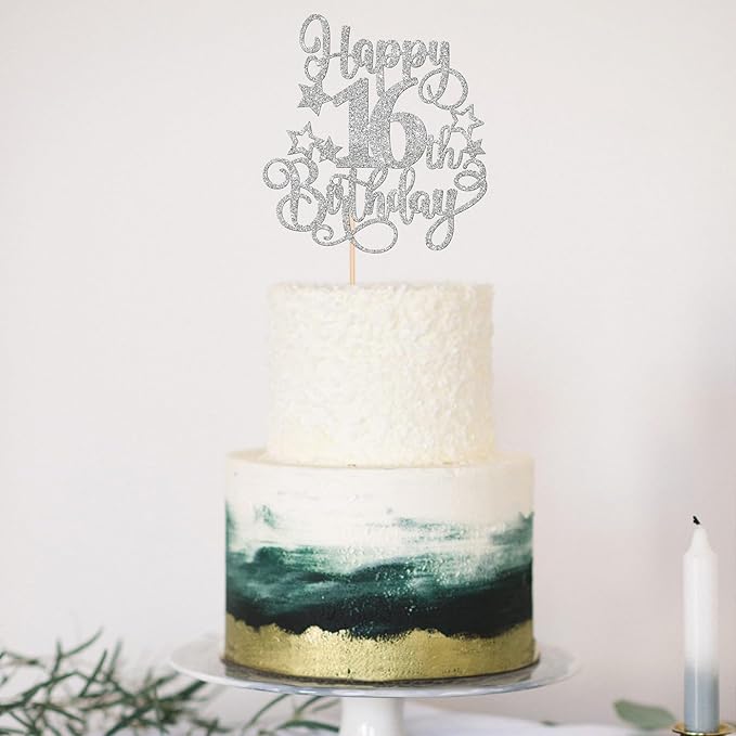 1 PCS Happy 16th Birthday Cake Topper Glitter Cheers to 16 Years Birthday Cake Pick Hello 16 Fabulous Cake Decoration for Happy 16th Birthday Anniversary Party Decorations Supplies Silver