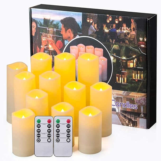 Flameless Candles with Remote & 2/4/6/8H Timers, Outdoor Indoor Waterproof Remote Candles Battery Operated, Electric Led Candles 12pcs for Home/Wedding Decor (D 2.2'' x H 4'' 5'' 6'' 7'')