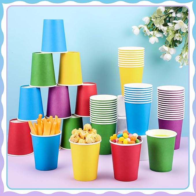 100 Pack Rainbow Paper Cups 9oz Colored Party Cup Disposable Paper Cups Bulk, Drinking Cup for Birthday Holiday Party Supplies, 5 Colors