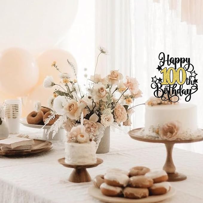 1 PCS Happy 100th Birthday Cake Topper Black Gold Glitter Cheers to 100 Years Birthday Cake Pick Hello 100 Fabulous Cake Decoration for Happy 100th Birthday Anniversary Party Decorations Supplies