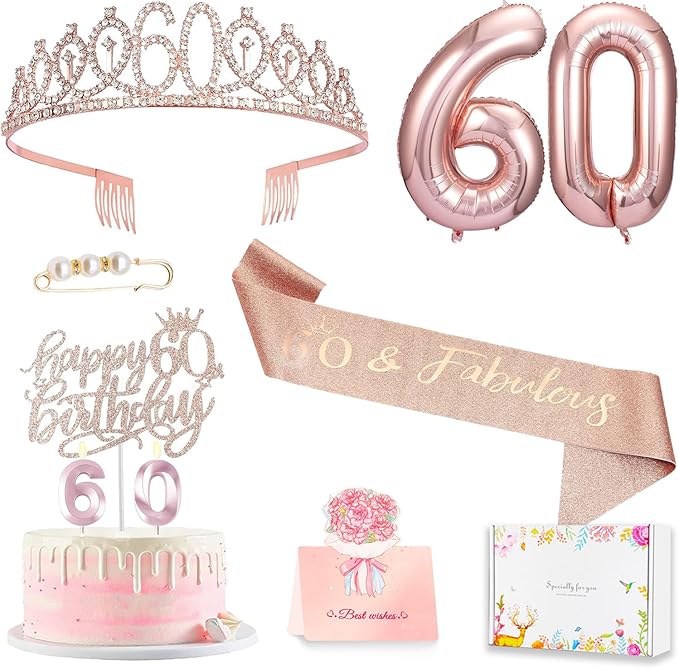 60th Birthday Decorations for Woman, 60th Birthday Sash and Crown, Cake Topper, Number Candles and Balloons,, 60 Year Old Gifts for Women