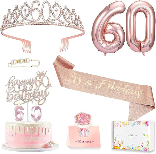 60th Birthday Decorations for Woman, 60th Birthday Sash and Crown, Cake Topper, Number Candles and Balloons,, 60 Year Old Gifts for Women