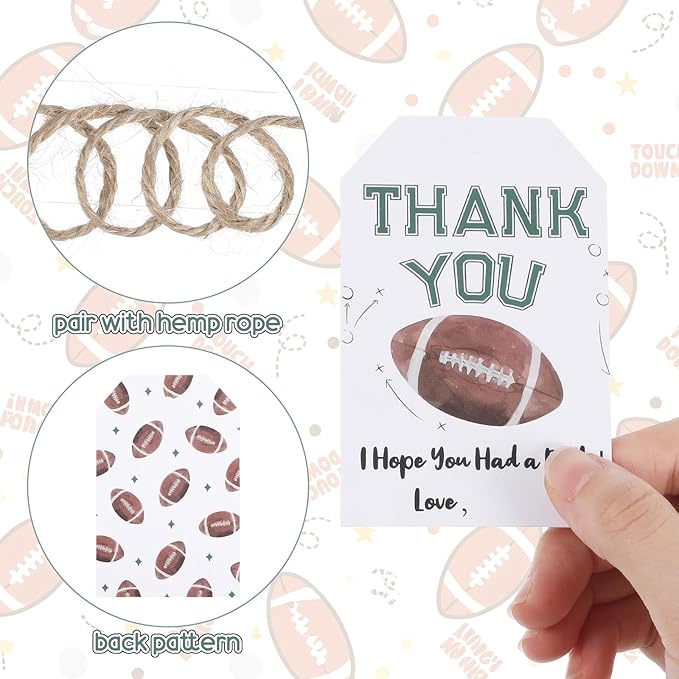 50Pcs Football Thank You Tags, Rugby Birthday Party Favor Thank You Sport Themed Party Hang Tags for Gifts Wrapping Craft Birthday Decorations