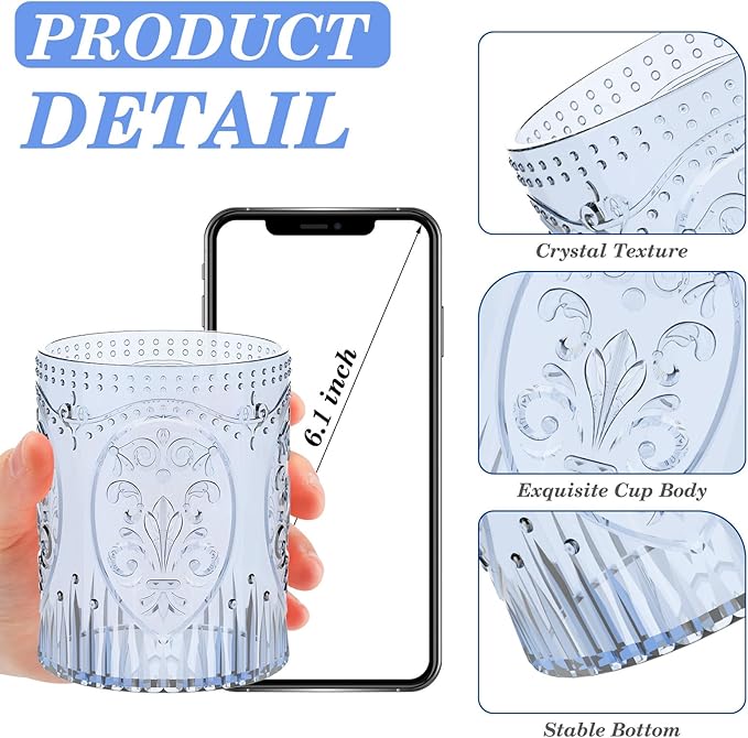 48 Plastic Vintage Drinking Glasses 8.5oz Stemless Retro Embossed Wine Glasses Shatterproof Reusable Cups for Baby Shower Wedding Reception Grand Event Party (Blue)