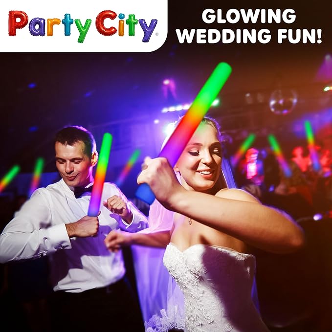 Party City 96pk LED Foam Glow Sticks 14”- Glow in the Dark Party Supplies Favors, Colorful Flashing Wand with 3 Modes, Foam Light Up Sticks Bulk Party Pack for Wedding, Birthday, Concert, Halloween