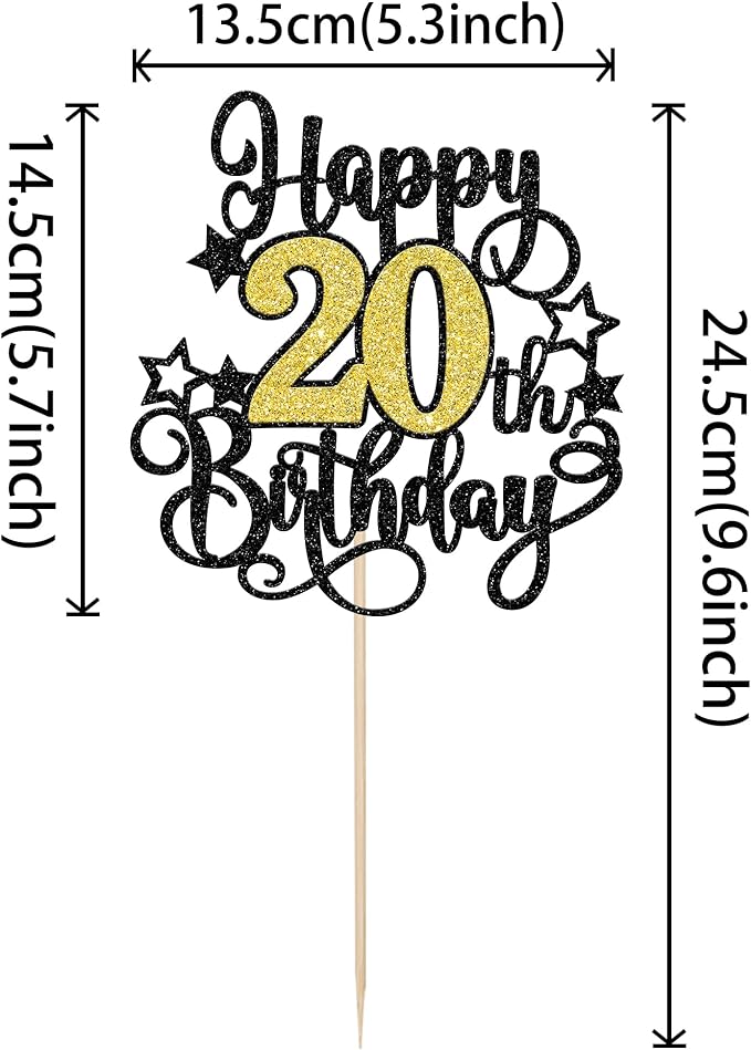 1 PCS Happy 20th Birthday Cake Topper Black Gold Glitter Cheers to 20 Years Birthday Cake Pick Hello 20 Fabulous Cake Decoration for Happy 20th Birthday Anniversary Party Decorations Supplies