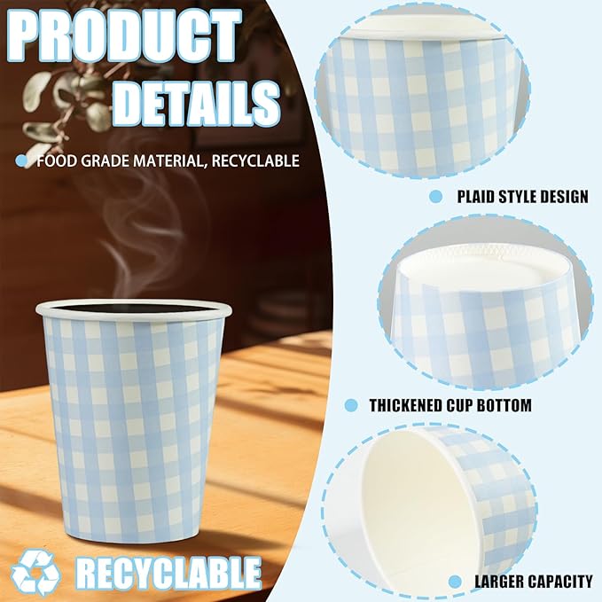 50 Pieces 8 oz Gingham Paper Cups, Disposable Gingham Cups, Checkered Cup for Hot Cold Beverage Birthday Party Supplies Decorations (Blue)