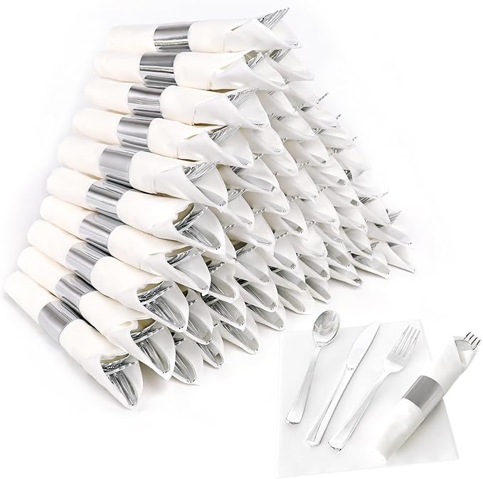 50 Pack Pre Rolled Silver Plastic Silverware Set,Wrapped Plastic Cutlery Set with Napkin Include 50 Forks,50 Spoons,50 Knives and 50 White Napkins for Party, Wedding,Christmas