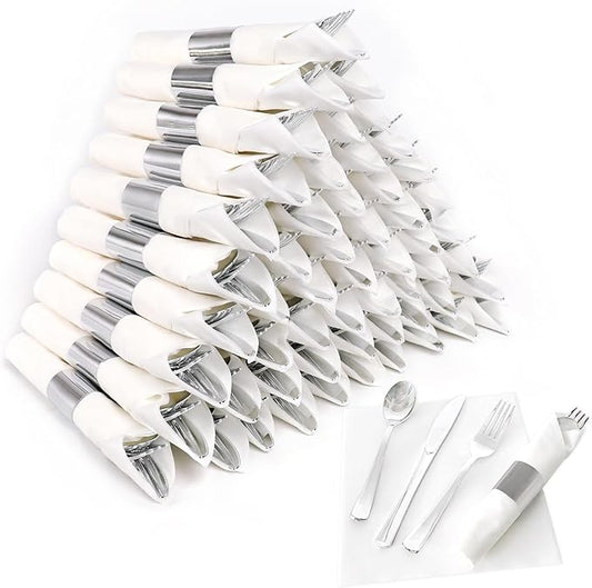 50 Pack Pre Rolled Silver Plastic Silverware Set,Wrapped Plastic Cutlery Set with Napkin Include 50 Forks,50 Spoons,50 Knives and 50 White Napkins for Party, Wedding,Christmas