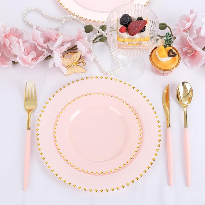 Supernal 102Pcs Pink Plastic Silverware, Gold Disposable Utensils with Pink Handle, Elegant Gold Plastic Silverware Set Includes 34 Forks, 34 Spoons and 34 Knives for Party & Wedding, Mother's Day