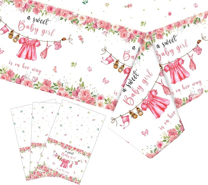 3 Pack Baby Shower Tablecloth Decoration,Watercolor Greenery A Sweet Baby Boy is On The Way Decoration,Waterproof Greenery Baby Shower Tablecloth for Gender Reveal Party (Pink)