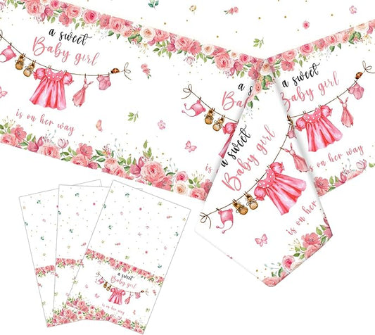 3 Pack Baby Shower Tablecloth Decoration,Watercolor Greenery A Sweet Baby Boy is On The Way Decoration,Waterproof Greenery Baby Shower Tablecloth for Gender Reveal Party (Pink)