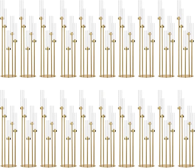 20PCS Gold Floor Candelabra,5 Arm Candle Holder Tall Floor Candle Holder with Acrylic Lampshade for Wedding Table Birthday Party Home Decoration Fit LED Taper Candles