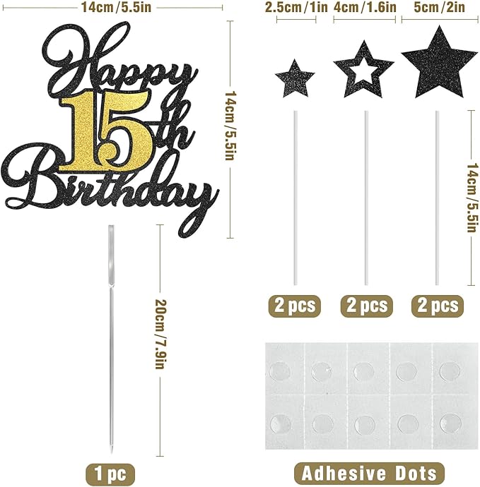 Happy 15th Birthday Cake Toppers, Black Gold Glitter Cake Decorations Set, 15th Birthday Decor for Boy Girl, Birthday Anniversary Party Decorations Supplies