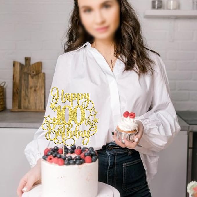 1 PCS Happy 100th Birthday Cake Topper - Glitter Cheers to 100 Years Cake Pick - Hello 100 Fabulous Cake Decoration for Anniversary Party Decorations Supplies - Gold