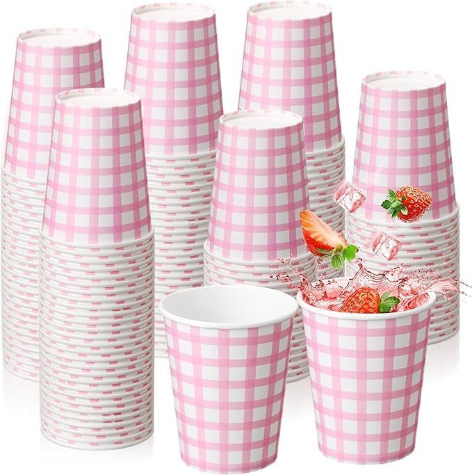 Honeydak 150 Pcs 9 oz Gingham Paper Drinking Cups Checkered Party Disposable Plaid Paper Cups Supplies for Wedding Birthday Fiesta Party Baby Shower Picnic(Pink)