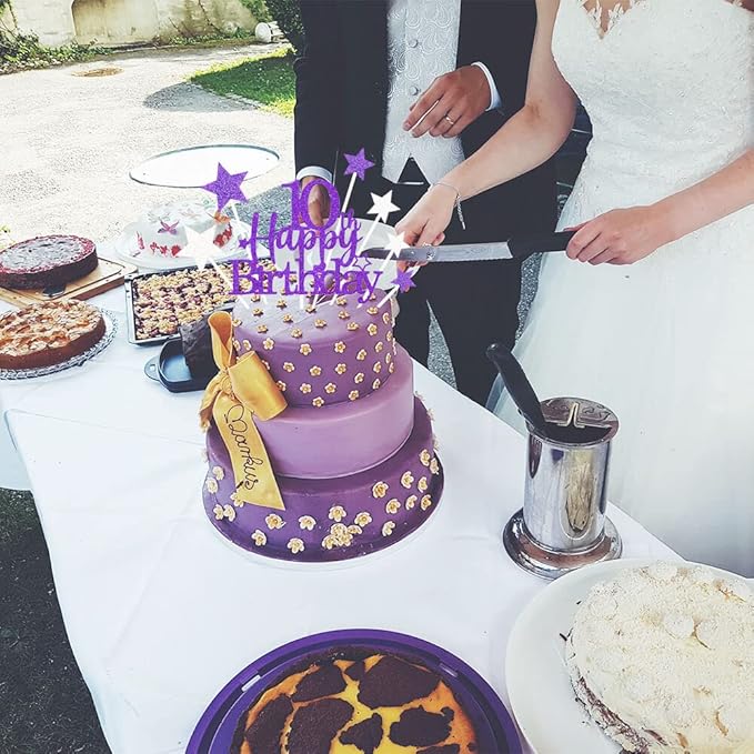 Glittery 10th Happy Birthday Cake Topper with Star,Personalised 10 Birthday Cake Toppers Party Decorations Party Supplies for Boys Girls Purple Silver