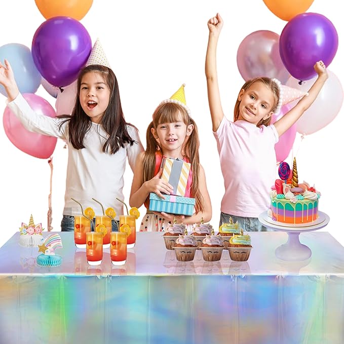 BRAVESHINE Disposable Iridescent Tablecloth - Holographic Table Cloths Rectangle Table Covers for Mermaid/Undersea/Frozen/Ocean Theme Party Decorations - 2 Pack, 54 x 108In