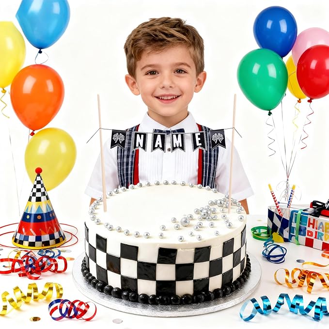 DIY Race Car Cake Topper Kit, Custom Name Checkered Flag Racing Birthday Cake Decoration for Boys & Girls Personalized Party Decorations