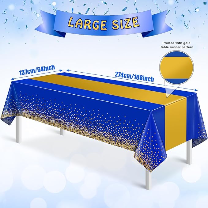 MASHAN 1Pcs Blue Gold Tablecloth Party Decorations,Plastic Royal Blue Table Cloth Printed Gold Table Runner Disposable Rectangle Cover for Birthday Anniversary Wedding Graduation Party,54 x108 Inch