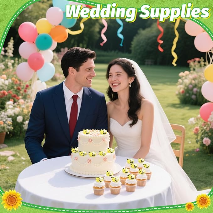 24 PCS Bee Cupcake Toppers Cupcake Rings Birthday Cupcake Toppers Bee Cupcake Picks Cake Decorations Supplies for Bee Theme Baby Shower Party