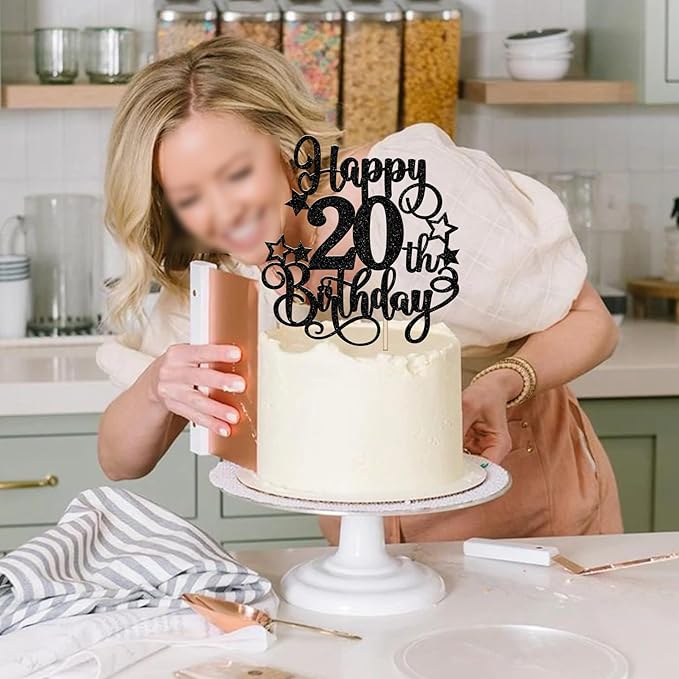 1 PCS Happy 20th Birthday Cake Topper Glitter Cheers to 20 Years Birthday Cake Pick Hello 20 Fabulous Cake Decoration for Happy 20th Birthday Anniversary Party Decorations Supplies Black