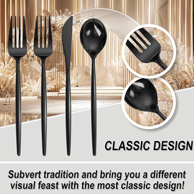 Supernal 360pcs Black Plastic Silverware Heavy Duty Black Plastic Utensils Disposable Cutlery Set Includes Disposable Knives,Forks and Spoons Silverware Set for Parties,Weddings & Birthday