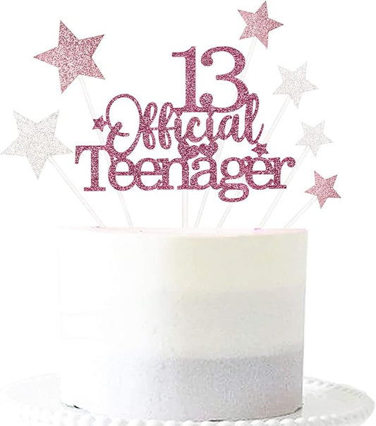 Glittery 13 Ofiicial Teenager Cake Topper with Star,13th Happy Birthday Cake Topper Party Decorations Party Supplies for Boys Girls Rose Gold