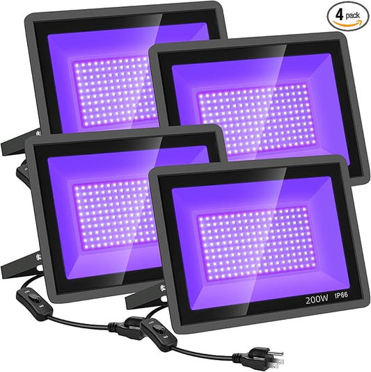 200W 4 Pack LED Black Light, Outdoor Blacklight Flood Lights with Plug and Switch, IP66 Rated for Glow in The Dark, Halloween Party, Body Paint, Aquarium