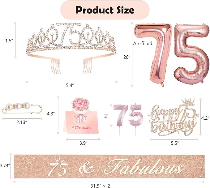 75th Birthday Gifts Decorations for Women, Including 75 year old Cake Topper, Birthday Queen Sash with Pearl Pin, Sweet Rhinestone Tiara Crown, Number Candles and Balloons Set, Rose Gold