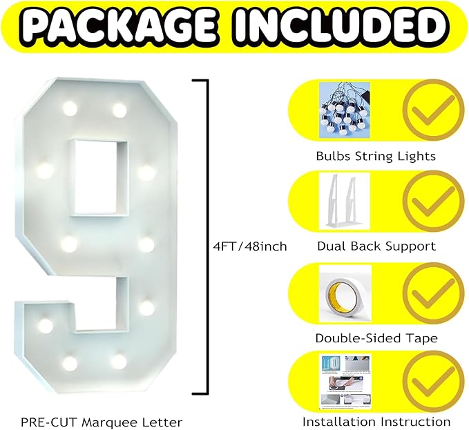 4FT Marquee Light Up Number, Giant Large Number PRE-CUT Foam Board Sign DIY Party Decor for Wedding, Birthday, Anniversary, Graduation, Holiday&Home Supplies (Number 9)