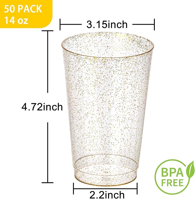 I00000 50 Pack 14 oz Gold Plastic Cups, Disposable Tumblers Gold Glitter Plastic Cups, Disposable Wine Glasses Cocktail Glasses Perfect for Wedding, Mother's Day, Thanksgiving, Christmas Parties