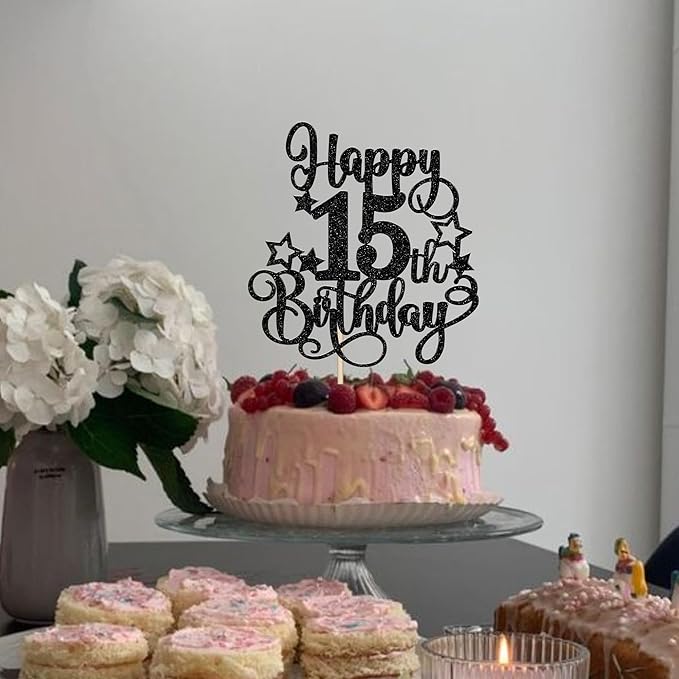 1 PCS Happy 15th Birthday Cake Topper Glitter Cheers to 15 Years Birthday Cake Pick Hello 15 Fabulous Cake Decoration for Happy 15th Birthday Anniversary Party Decorations Supplies Black