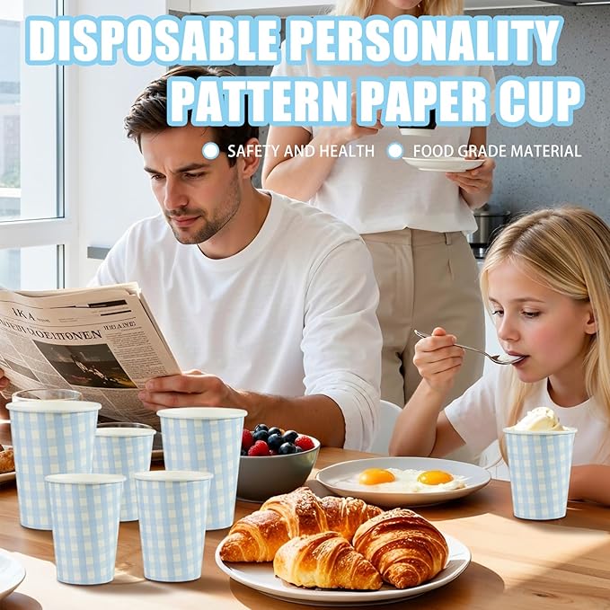 50 Pieces 8 oz Gingham Paper Cups, Disposable Gingham Cups, Checkered Cup for Hot Cold Beverage Birthday Party Supplies Decorations (Blue)