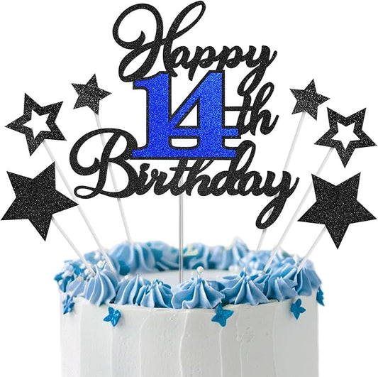 14th Birthday Cake Topper, Black Blue Happy 14th Birthday Cake Toppers for Boy Girl, 14 Years Old Birthday Party Supplies, Glitter Cake Decor, 14th Birthday Cake Decorations