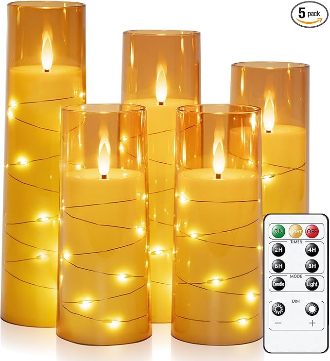 Raycare Flameless Candle with Remote Timer – 5 Flickering Acrylic Battery Operated LED Pillar Candles with Embedded Star String for Christmas, Home Decor, and as a Gift(Glod)