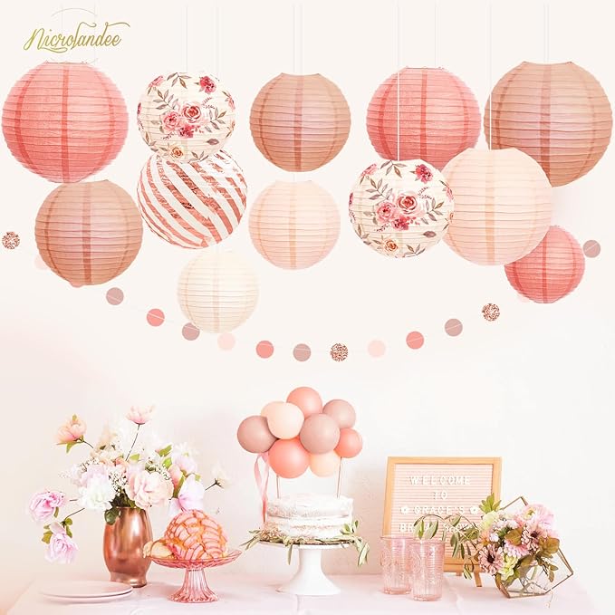 NICROLANDEE Wedding Party Decorations - 12PCS Rose Gold Vintage Floral Paper Lantern Hanging Decorations for Bridal Shower Anniversary Baby Shower Bachelorette Birthday, Valentines Day Party Decor