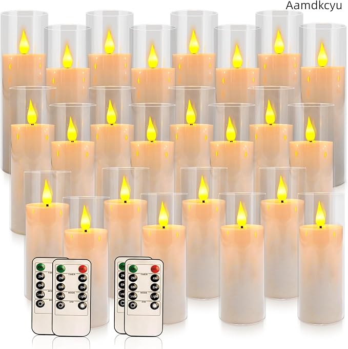 24-Pack Premium Flameless LED Candles - Elegant White & Clear Acrylic Pillar Design with Realistic Flickering Flame, Remote Control & Timer for Weddings, Christmas, Halloween & Home Decor