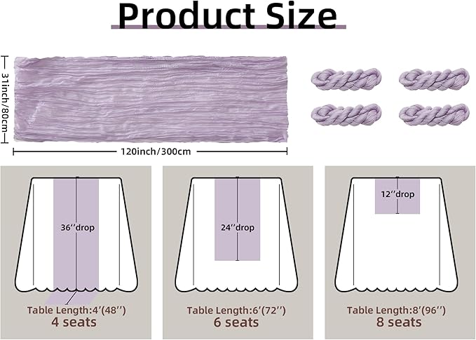 FEXIA 4 Pack Lilac Table Runner 35x120 Inches for Baby Shower Decoration Gauze Rustic Table Runner for Wedding Party First Communion Centerpiece Engagement Bridal Shower Boho Decoration