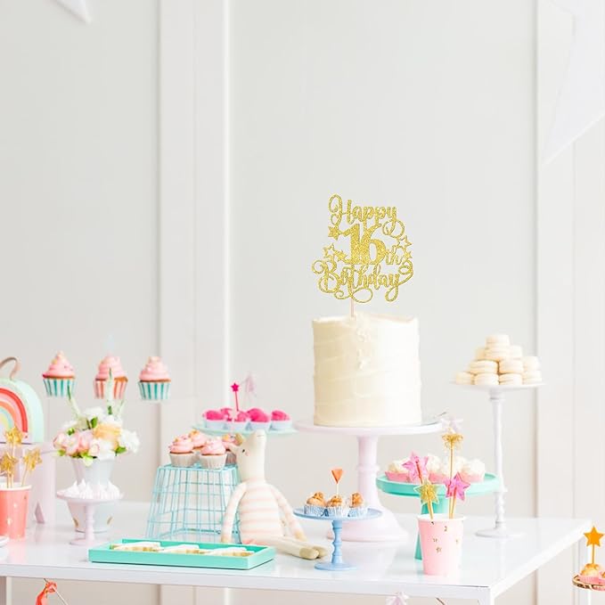 1 PCS Happy 16th Birthday Cake Topper Glitter Cheers to 16 Years Birthday Cake Pick Hello 16 Fabulous Cake Decoration for Happy 16th Birthday Anniversary Party Decorations Supplies Gold