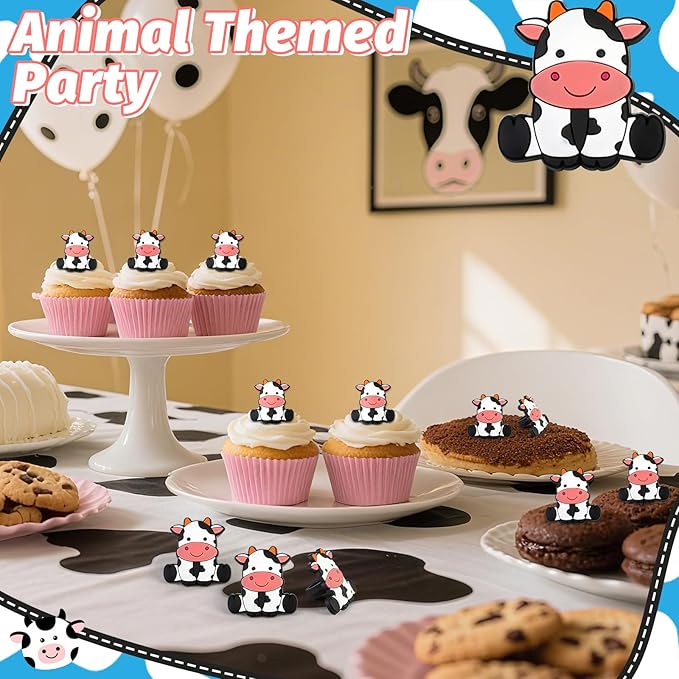 24 PCS Cow Cupcake Toppers Farm Animals Theme Cupcake Ring Oh Baby Cow Cake Toppers Cake Decoration for Birthday Baby Shower Gender Reveal Party Favor Nursery Wild Party Supplies