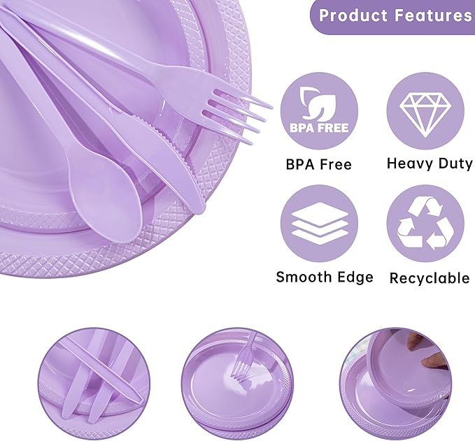 MirthMood 350PCS Lavender Plastic Plates,Lavender Disposable Plates Set – Plastic Plates Set Includes 50 Dinner,50 Dessert Plate,50 Cup&50 Napkins, 50 Lavende Silverware for Wedding & Birthday Parties