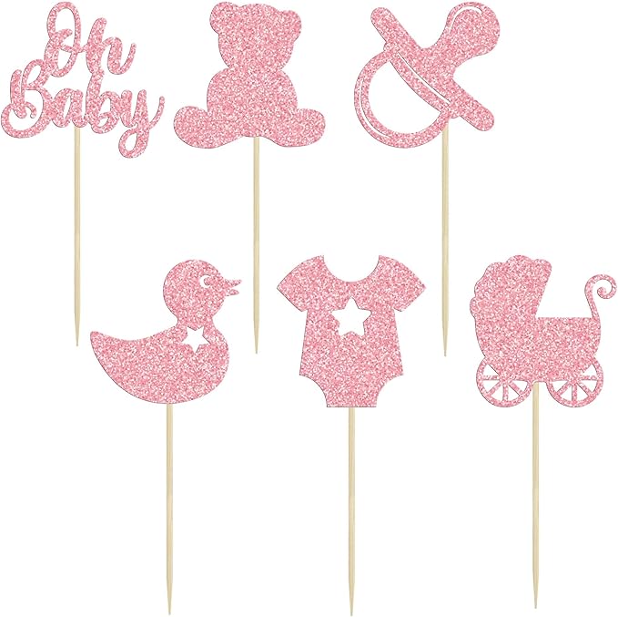Gyufise 36Pcs Oh Baby Cupcake Toppers Glitter Pacifier Bear Cupcake Picks Cake Decorations for Gender Reveal Baby Shower Kids Boys Girls Birthday Party Supplies Pink